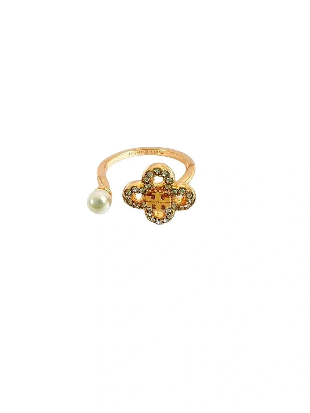 Tory Burch Gold Open Ring with Crystal Flower and Pearl